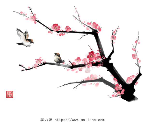 典雅红梅中国风鸟语花香背景素材